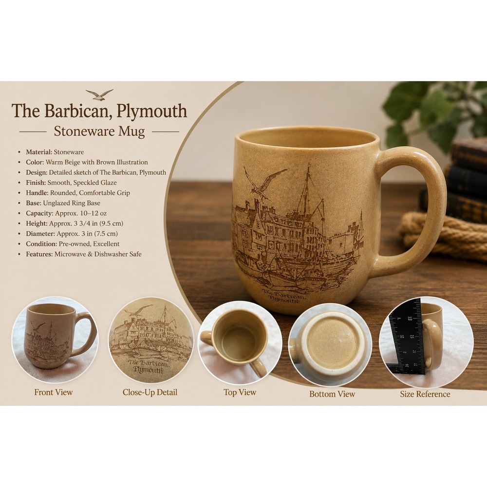 Vintage The Barbican Plymouth Stoneware Coffee Mug Nautical Harbor Scene Tan